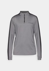 Grauer langärmeliger Sportoberteil mit halbseitigem Reißverschluss-Kragen, schwarzen Akzenten an den Seiten und "HUMMEL"-Logo auf der Brust. Glattes, leichtes Material.
