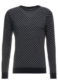 Navyblauwe sweater met lange mouwen, voorzien van een grijs stippenpatroon en een geribde halslijn en manchetten, gemaakt van een zachte breimateriaal.