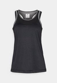 Canotta atletica nera con materiale testurizzato, design a schiena scoperta e accenti grigi a contrasto lungo l'area del collo e delle armhole.