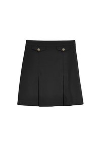 Sort nederdel med folder, to forlommer med guldknapper, en glat tekstur og en lynlås i siden til lukning.