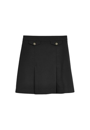 Falda negra con plisados, dos bolsillos frontales con botones dorados, textura suave y un cierre de cremallera lateral.