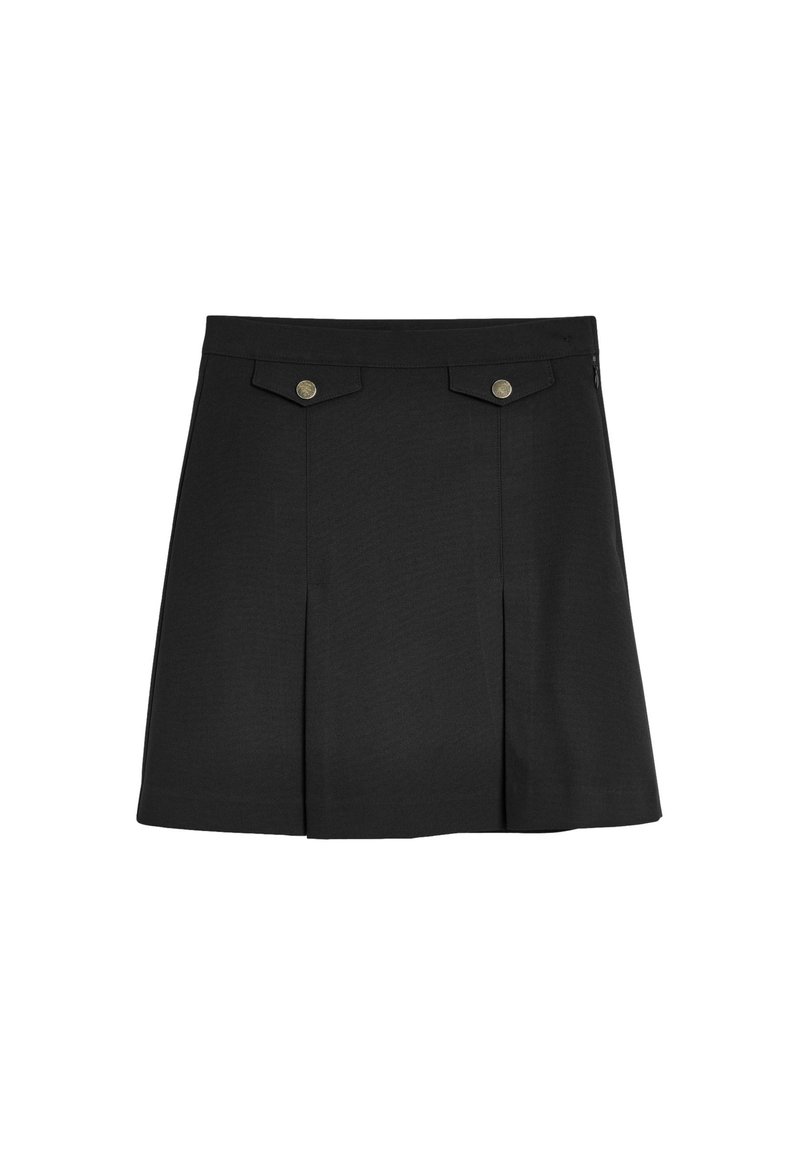 Sort nederdel med folder, to forlommer med guldknapper, en glat tekstur og en lynlås i siden til lukning.