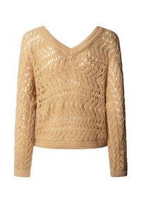 Béžový háčkovaný pletený sveter s dlhými rukávmi a výstrihom do V, zdobený zložitými vzormi z otvorenej práce po celej tkanine.