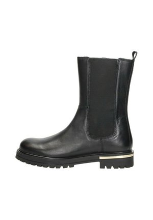 Zwarte leren enkellaars met elastische zijkanten, ronde neus, rubberen zool en gouden accent op de hak. Glad oppervlak en slank design.