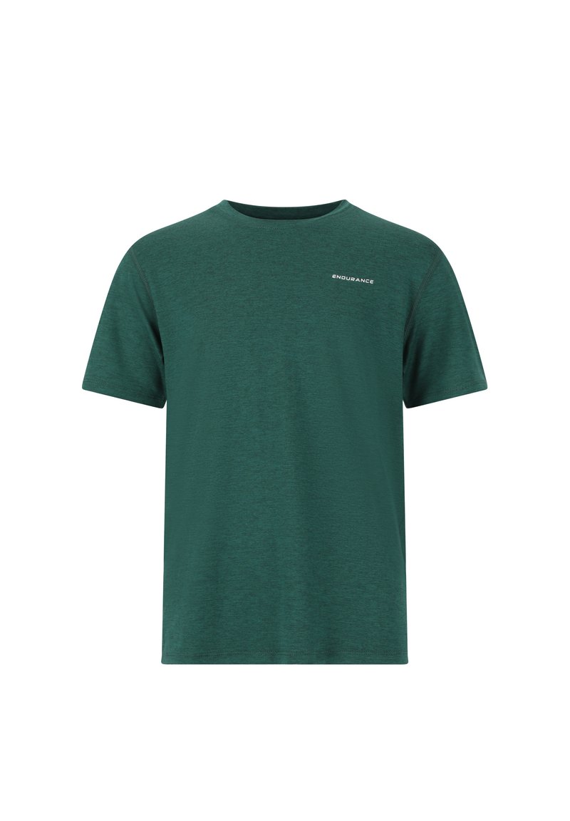 Vihreä neulottu puuvillapaidat, jossa on pyöreä pääntie, lyhyet hihat ja valkoinen "ENDURANCE" -logo vasemmassa rintataskussa.
