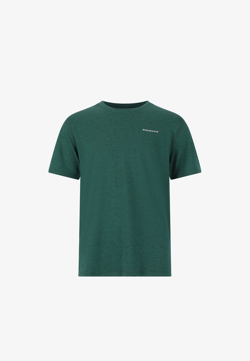 Grünes meliertes Baumwoll-T-Shirt mit Rundhalsausschnitt, kurzen Ärmeln und einem weißen "ENDURANCE"-Logo auf der linken Brustseite.