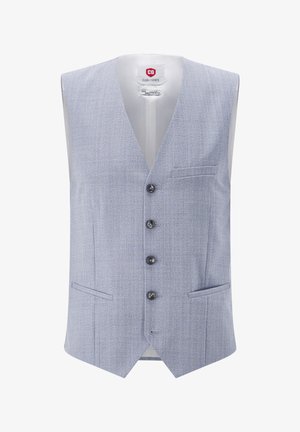 Hellblaues Herrenweste mit vier dunklen Knöpfen, drei Vordertaschen und einem dezenten, strukturierten Stoffmuster.
