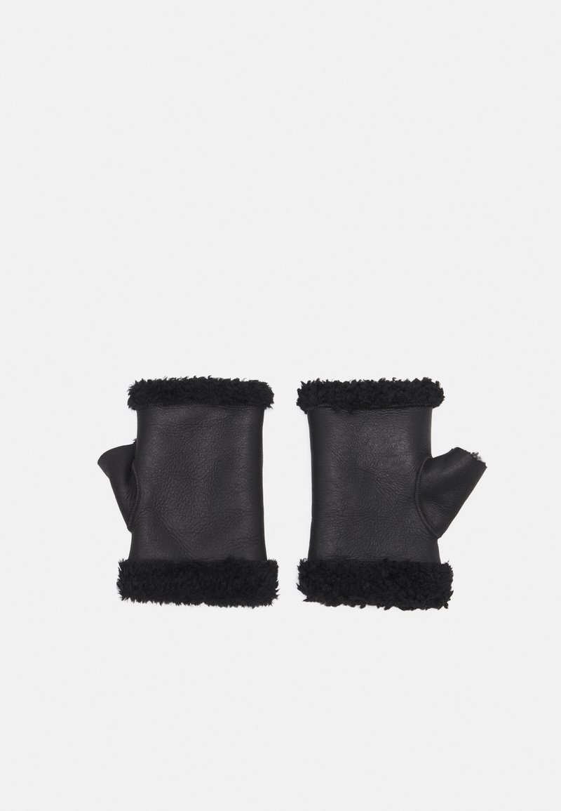 Zwarte leren vingerloze handschoenen met schapenwollen boorden. Bevatten een gestructureerde afwerking en zijopeningen voor toegang tot de duim.