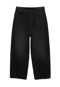 Mustat farkkuleggarit, joissa on korkea vyötärö, kaksi etutaskua ja napitus. Kangas näyttää pehmeältä, hieman kuluneelta.