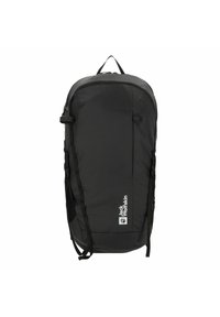 Schwarzer Rucksack mit einem eleganten Design, aus strapazierfähigem Nylon, mit verstellbaren Trägern und einem Logo auf der Vorderseite. Glatte Textur.