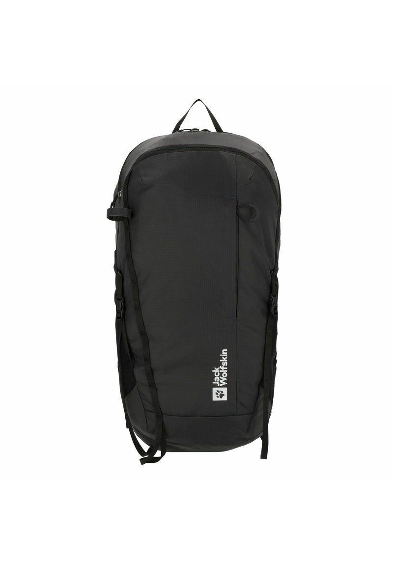 Schwarzer Rucksack mit einem eleganten Design, aus strapazierfähigem Nylon, mit verstellbaren Trägern und einem Logo auf der Vorderseite. Glatte Textur.