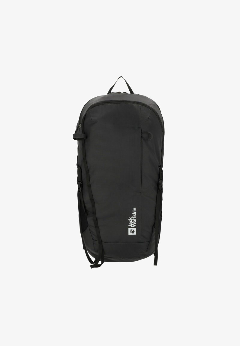 Schwarzer Rucksack mit einem eleganten Design, aus strapazierfähigem Nylon, mit verstellbaren Trägern und einem Logo auf der Vorderseite. Glatte Textur.