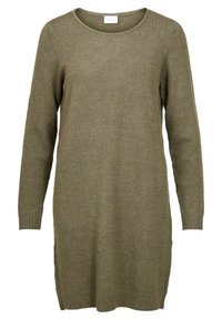 Abito a maglia lungo verde oliva con maniche lunghe, scollo rotondo, polsini a coste e fessure laterali, realizzato in un morbido misto lana.