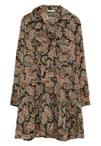 Vestido de manga larga con cuello, cintura ajustada y patrón paisley multicolor en tonos marrón, verde y negro.