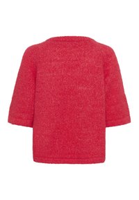 Pull en tricot rouge à manches courtes, col rond et texture douce. Le tissu présente un motif de fil légèrement variable et subtil.