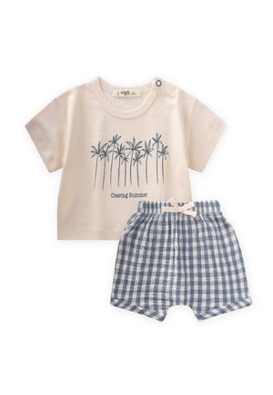 Cotton baby outfit featuring a cream short-sleeve shirt with palm tree design and blue checkered shorts with an elastic waistband and drawstring.