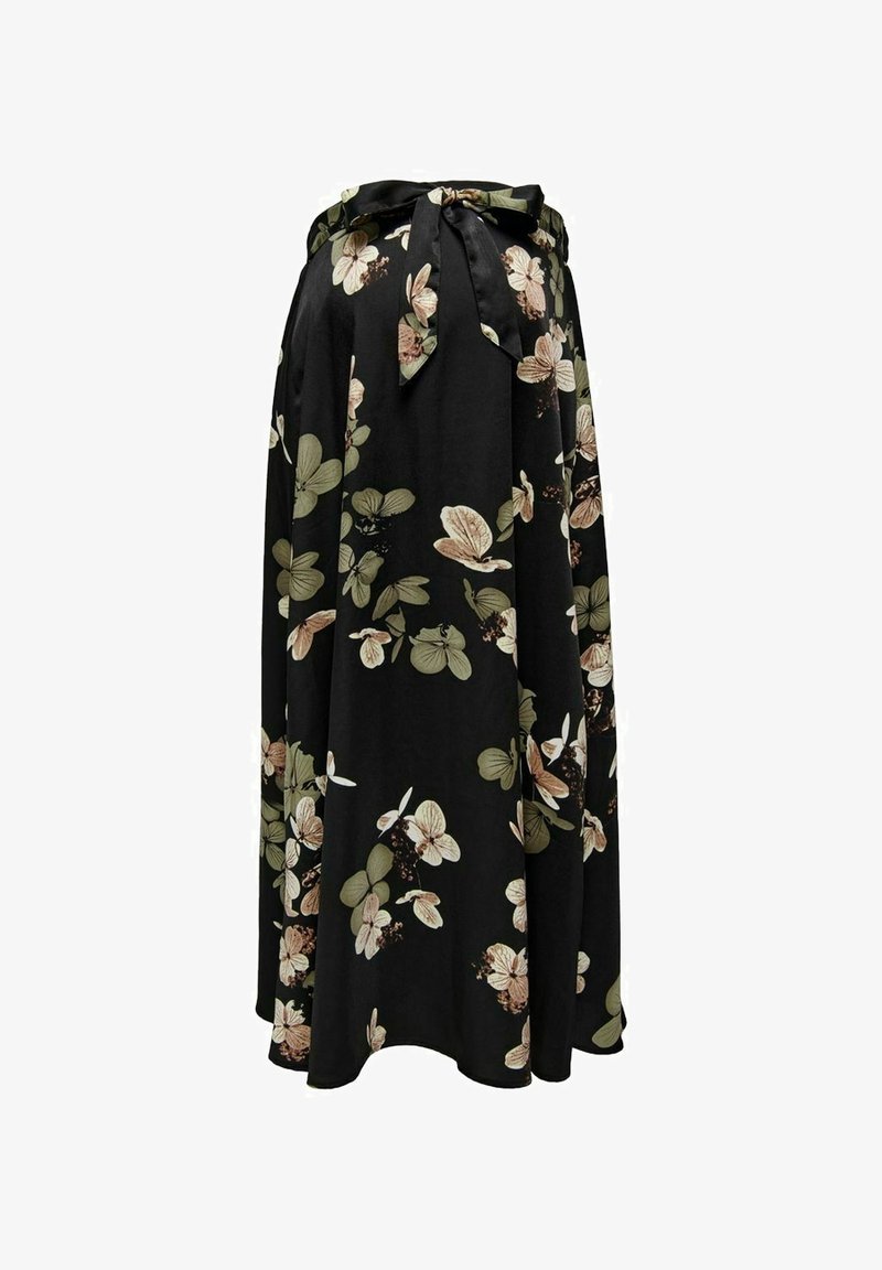 Jupe midi fluide noire avec imprimé floral beige et olive, taille haute et ceinture en tissu nouée.