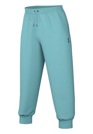 Turkoosi collegehousut, joissa on joustava vyötärö, nyörikiinnitys, sivutaskut ja ribattu reunus. Valmistettu pehmeästä ja mukavasta kankaasta.