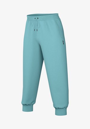 Turkoosi collegehousut, joissa on joustava vyötärö, nyörikiinnitys, sivutaskut ja ribattu reunus. Valmistettu pehmeästä ja mukavasta kankaasta.