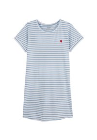 Robe t-shirt rayée avec des rayures horizontales bleu clair et blanches. Présente une broderie en forme de cœur rouge sur la poitrine, un col rond et des manches courtes.
