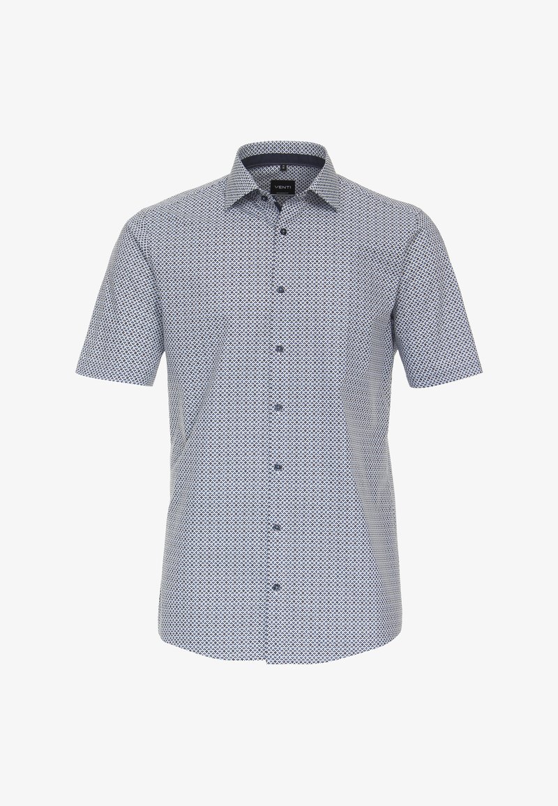 Korte mouwen shirt in blauw-wit geometrisch patroon, knoopsluiting aan de voorkant, met kraagontwerp, gemaakt van lichte stof.