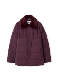 Giacca invernale da donna color marrone porpora trapuntata con colletto in pelliccia morbida e tasche frontali, progettata per il calore e lo stile.