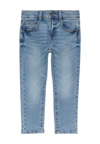 Lichtblauwe denim jeans met een slim fit, voorzien van vijf zakken, een knoopsluiting en subtiele vervaging voor een versleten uiterlijk.