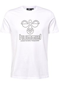 Hvid bomulds T-shirt med et sort omridslogo med abstrakte former og teksten: "hummel" og "FORANDR VERDEN GENNEM SPORT."