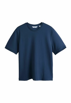 Marineblaues, kurzärmeliges T-Shirt mit Rundhalsausschnitt und strukturierter Oberfläche, geradem Saum und einem kleinen Stoffmarkenetikett im Krageninneren.