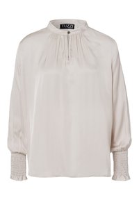 Hellbeige Bluse mit hohem Kragen, teilweisem Knopfverschluss und plissierten Details. Die Puffärmel haben geraffte Bündchen. Glattes, glänzendes Material.