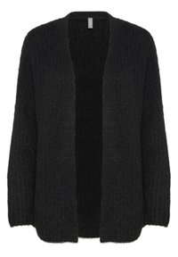 Musta avonainen neuletakki, valmistettu pehmeästä, teksturoidusta kankaasta, jossa on pitkät hihat ja rento istuvuus, ja jossa koko pinnalla on resorikuosi.