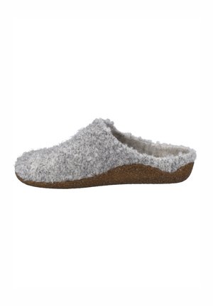 Grau fuzzy Hausschuh mit strukturierter Oberseite und Korksohle, entworfen als offener Schlupfschuh für einfachen Tragekomfort.