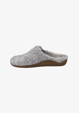 Grau fuzzy Hausschuh mit strukturierter Oberseite und Korksohle, entworfen als offener Schlupfschuh für einfachen Tragekomfort.
