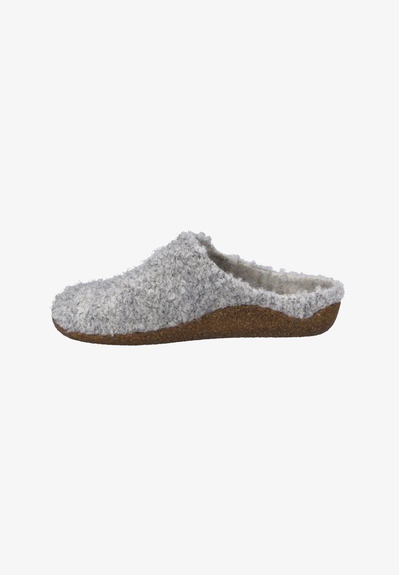 Szary, puszysty kapcie z teksturowaną górą i korkową podeszwą, zaprojektowany jako klapek z otwartym tyłem dla łatwości zakładania.
