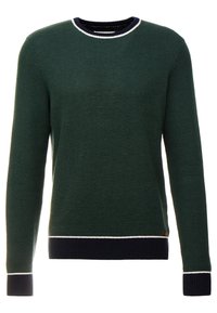 Grön stickad tröja med rund hals, kontrasterande marinblå ribbad nederkant och manschetter samt vit accentstickning längs halsringningen.