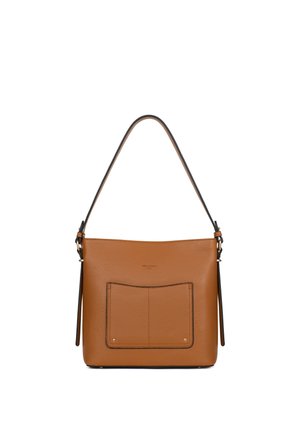 Brązowa skórzana torebka na ramię z pojedynczym paskiem, przednią kieszenią naszytkową z czarną lamówką oraz subtelnymi, złotawymi ozdobami.