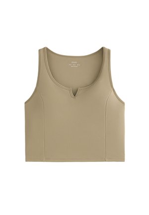 Beige bordás ujjatlan póló lekerekített nyakkivágással és finom V-alakú részlettel az elülső részen, puha, texturált anyagból készült.