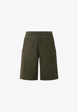 Olive green athletic shorts made of soft fabric, featuring an elastic waistband with drawstring and two side pockets.
