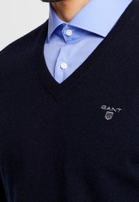 Mörkblå V-ringad tröja i mjukt material, med en broderad logotyp på vänster bröst och lagd över en ljusblå skjorta med knappar.