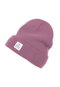 Gorro de punto en color malva con puño doble y etiqueta rectangular blanca que presenta un logotipo geométrico y el texto "protesta" en el puño.
