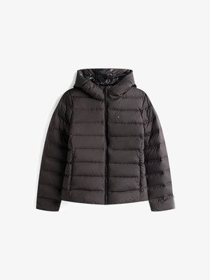 Black puffer jacket with a zip front and a hood. Features quilted padding, elastic cuffs, and a glossy interior lining. Tommy Jeans logo present.