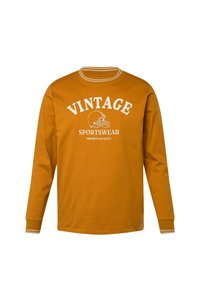 Langärmliges T-Shirt in Senfgelb mit weißem "VINTAGE SPORTSWEAR"-Druck und Helm-Grafik; gerippter Kragen und Bündchen mit Streifen.