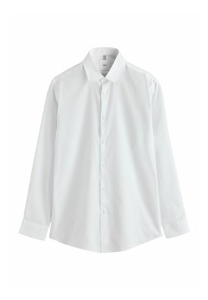 Fehér, hosszú ujjú, gombos ing gallérral, fehér háttér előtt, laposan elhelyezve.