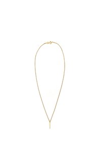 Goldfarbene Halskette mit einer dünnen Kette, die an der Mitte einen schlanken, sich verjüngenden Anhänger trägt. Glatte Textur, minimalistisches Design.