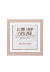 Polvere translucida in una compatta quadrata di plastica con un'esterno beige opaco e accenti bianchi, caratterizzata da un motivo a onde sulla superficie della polvere.