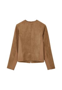 Giacca lunga con maniche, in suede marrone e tessuto, vista posteriore, con cuciture visibili e una cerniera corta al centro in basso.
