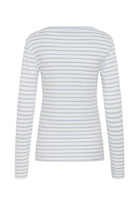 Long-sleeve shirt with horizontal light blue and white stripes, shown from the back on a plain white background.