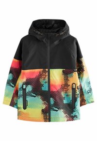 Veste extérieure colorée avec un dessus noir agrémenté d'un dégradé de motifs orange, jaune et turquoise, poches à fermeture éclair et une capuche.