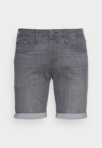 Pantalones cortos de mezclilla gris con dobladillos enrollados, diseño de cinco bolsillos, cierre de botón y detalles de costura clara en los bolsillos traseros.