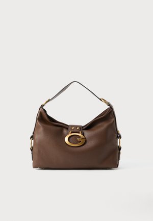 Borsa a mano in pelle marrone con una finitura testurizzata, dotata di un gancio in metallo dorato e di una singola tracolla curva.